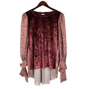 Ivy Jane Women Sz S Tunic Mauve Crushed Velvet Long Sheer Puff Sleeve Hi Low Top